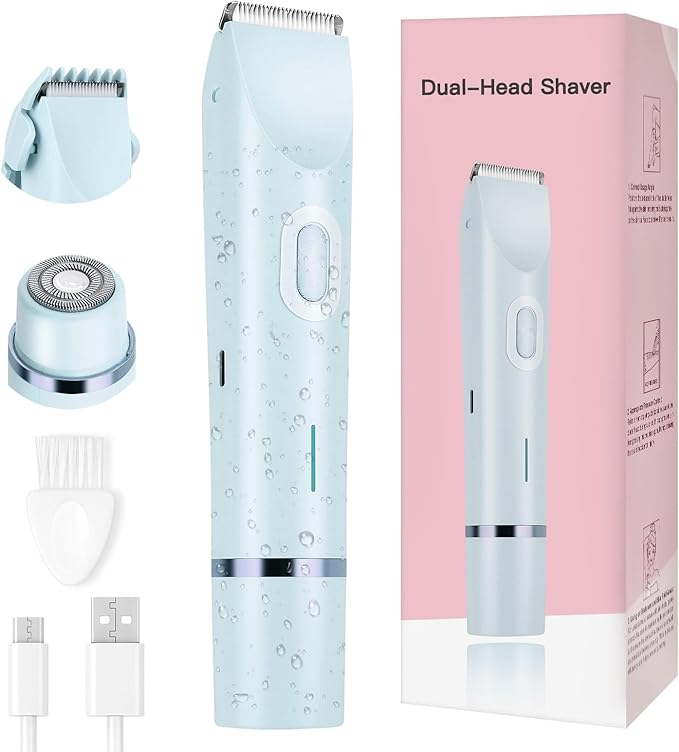 Women's Bikini Trimmer, 2-in-1 Electric Shaver for Bikini Line, Legs, Underarms, Face - Waterproof Women's Electric Shaver for Sensitive Skin, USB Rechargeable (Purple) (Blue)