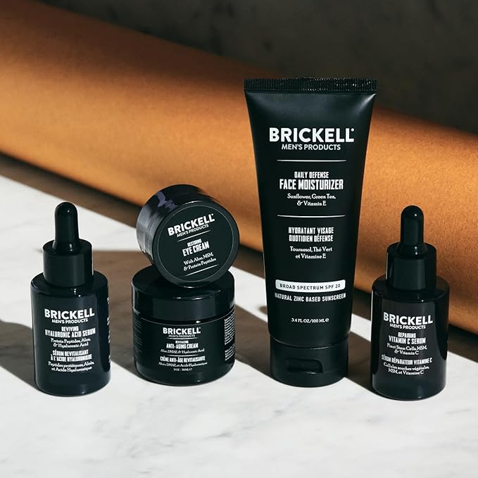 Brickell Men's Complete Defense Anti Aging Routine, Night Face Cream, Vitamin C Day and Night Serum, Facial Moisturizer w/SPF and Eye Cream, Natural and Organic, Unscented