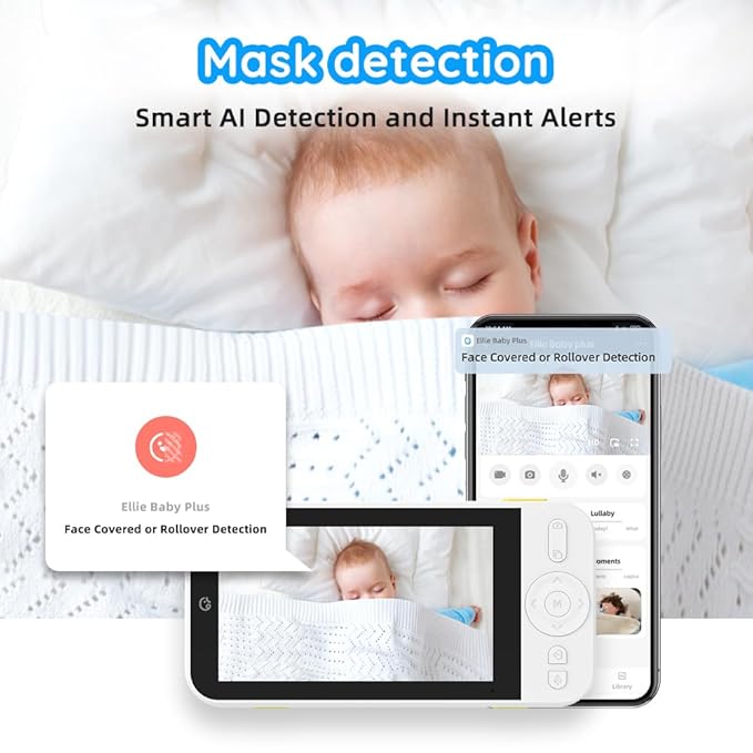 Ellie Video Baby Monitor, Full AI Function Monitor with Camera and Audio, Two Way Control for no WiFi or WiFi, Face Covered Alert, Sleep Analysis, Breathing Detection