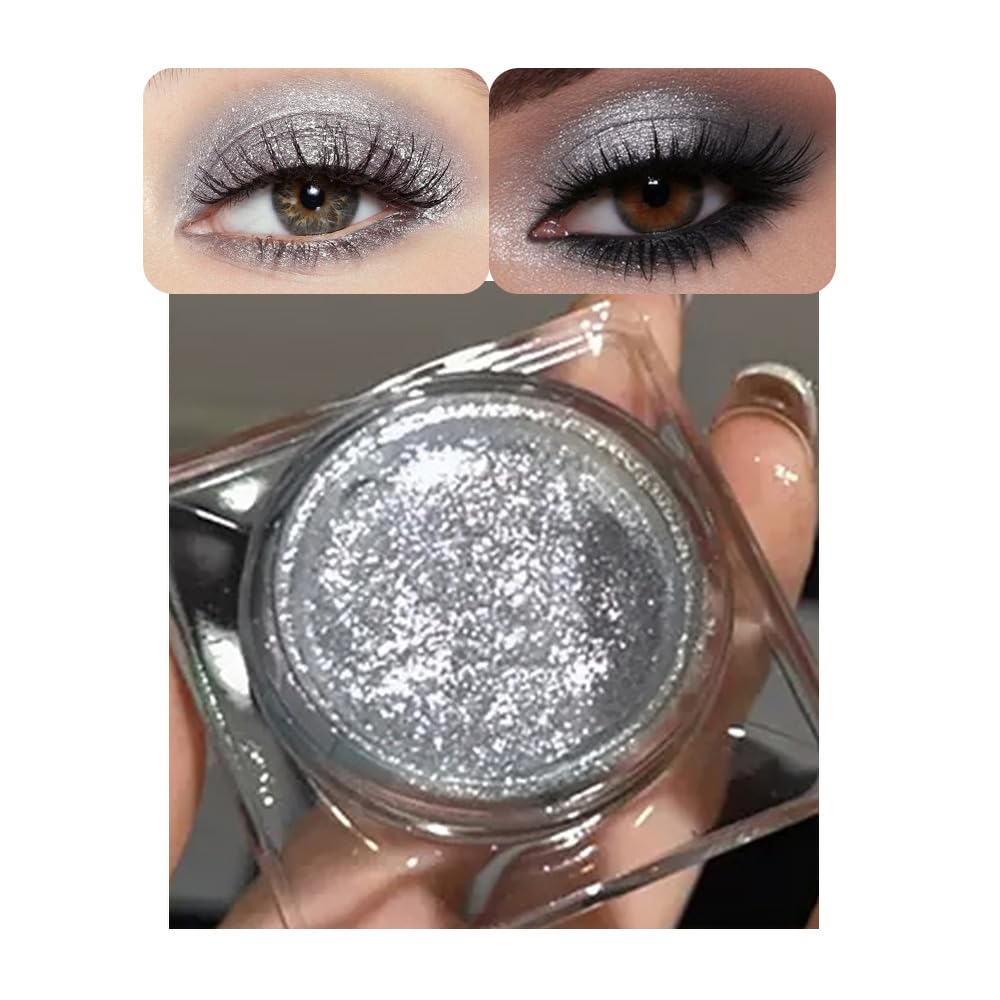 Single Cream Glitter Eyeshadow, Shimmer Eyeshadow Palette, Korean Eye Glitter Makeup, Ultra-Blendable, Sparkle Silver Eye Shadow, Single Shade Metallic Pigmented (Silver)
