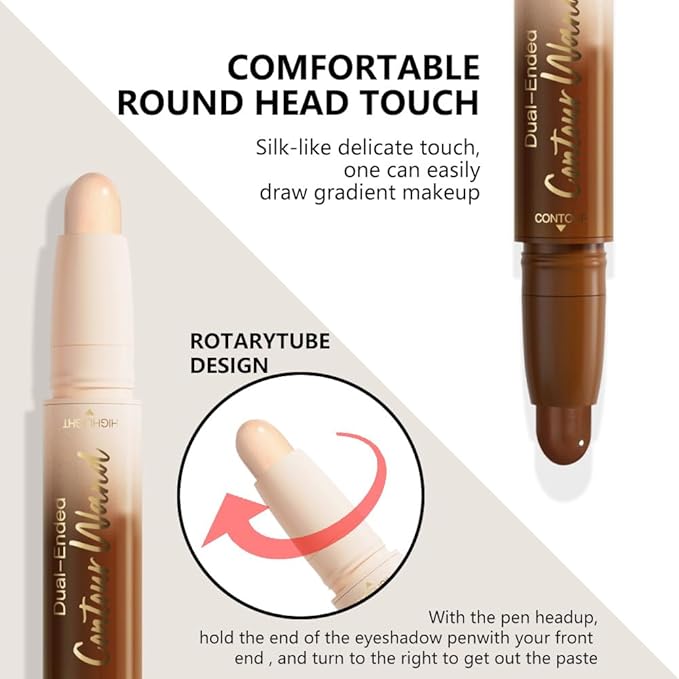 2Pcs 2in1 Cream Contour Highlighter Stick, Dual-Ended Highlighter Makeup Contour Stick, Contour Stick Dual Ended For Face Body Makeup, Long Lasting Waterproof for All Skin Tones (05+06)