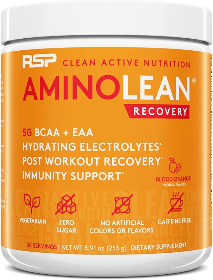 AminoLean Hydrating Electrolyte Powder and Recovery Drink with Sea Minerals, Nootropic Mushrooms, and Vegan Amino Acids, BCAAs + EAAs for Post Workout Muscle Building, Blood Orange