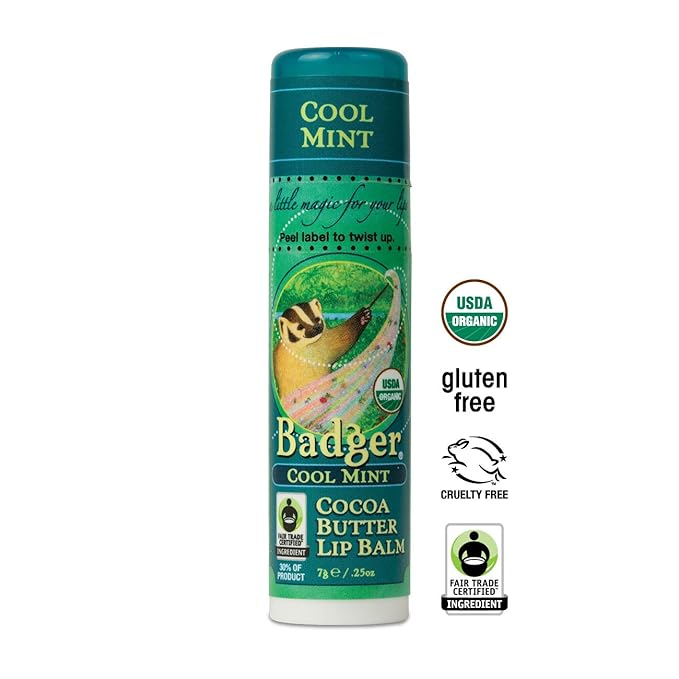 Badger - Cocoa Butter Lip Balm, Cool Mint, Certified Organic Lip Balm, Fair Trade, Natural Lip Balm, Lip Butter, Lip Balm Cocoa Butter, Cocoa Care Lip Balm, 0.25 oz
