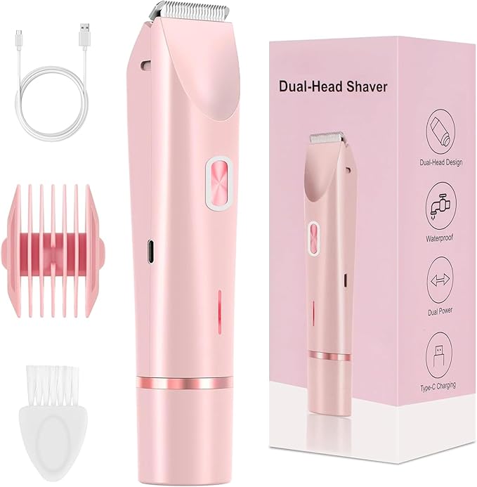 QNHMPW Bikini Trimmer for Women,Electric Razors for Women,2-in-1 Dual Head Shaver- Wet/Dry Shaver Groomer, Waterproof Hygiene Razor Used for Face, Underarm, Leg, Bikini Area(Pink)