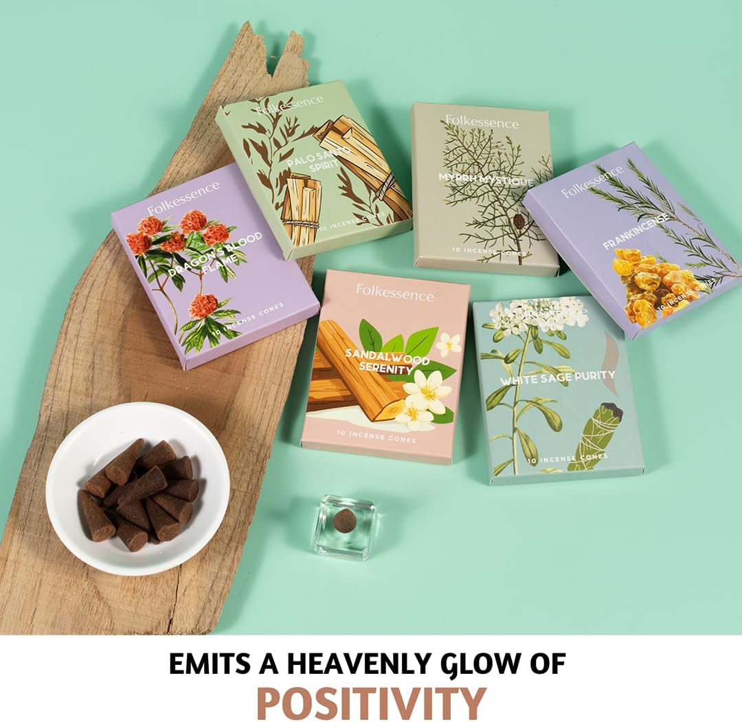 Folkulture Incense Cones Scented | Set of 6 (60 Cones) Pack for Relaxation | Palo Santo, Frankincense, White Sage, Sandalwood Inscents for Gifts for Her | Incense Cone Variety Pack