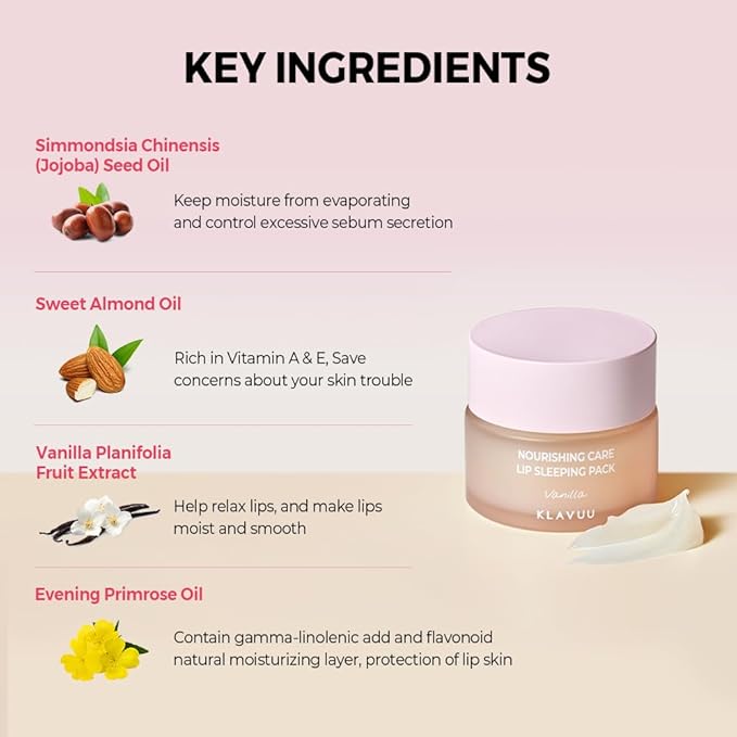 Klavuu Nourishing Care Lip Sleeping Pack (Vanila & Vanila) - Overnight Exfoliating & Nourishing Lip Mask for Dry Lips - Natural Moisturizing Lip Oil - Lip Treatment Balm to Repair & Protect Lips