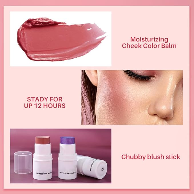 Cream Blush Stick for Cheeks, Waterproof Cream Makeup Blush Stick, Long-Lasting Multi-use Blush Makeup Stick, Natural-Looking, Lightweight Skin Tint Blush Makeup for All Skin