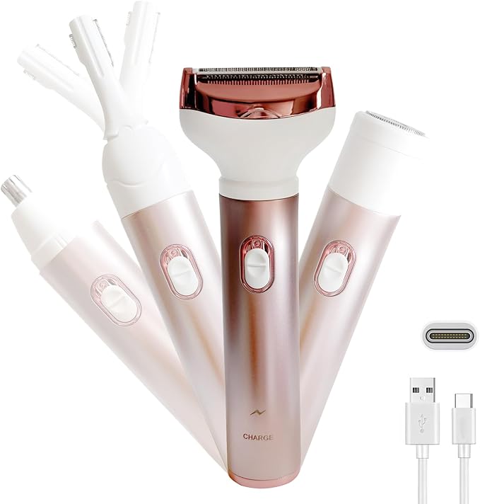 Electric Razor for Women, Hair Trimmer for Bikini Legs Womens Shaving Eyebrow Lips Body Face Beard Mustache Nose Arm Armpit Facial Hair Removal for Women's Shaver 4 in 1 Kit, Type-C Charging Port