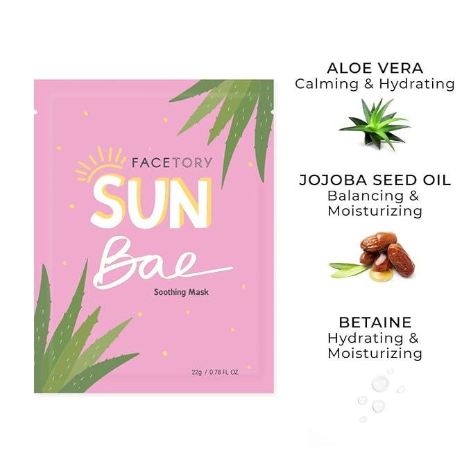 FACETORY K Beauty Face Mask Skin Care - SUN BAE SOOTHING Sheet Mask with Aloe & Shea Butter | After Sun Care, Soothe & Restore (5 Pack)