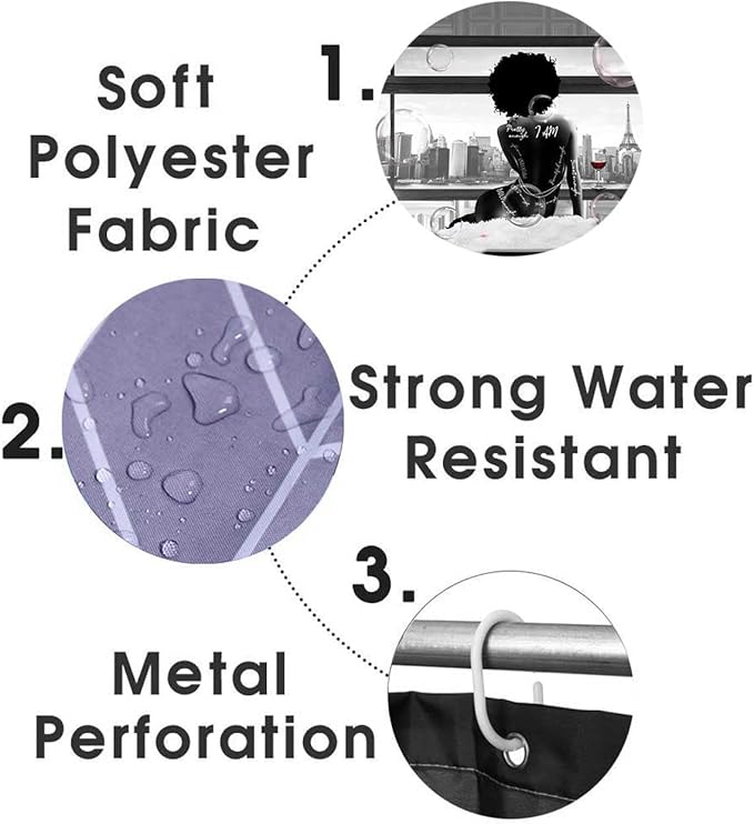 4PCS Sexy African American Women Shower Curtain Sets with Rugs, Waterproof Fabric Black White Shower Curtain, Hello Gorgeous Positive Quotes Black Girl Afro Black Woman Fashion Bathroom Decor