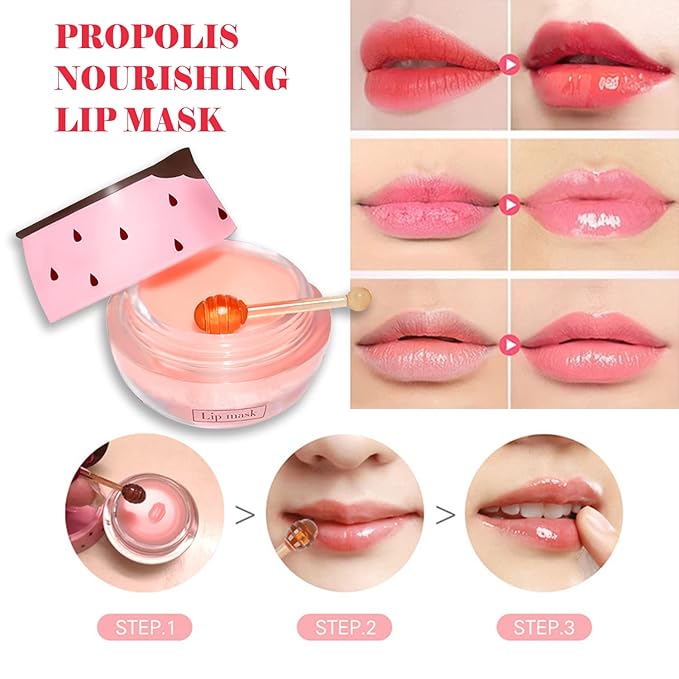 2PCS Strawberry Sleeping Lip Mask,Bee Lip Balm Lip Mask Honey Pot Propolis Moisturizing Lip Balm with Stick,Plumping Lip Hydrating Prevention Dry & Cracked Lip Scrubs Exfoliato Lip Wrinkle Care