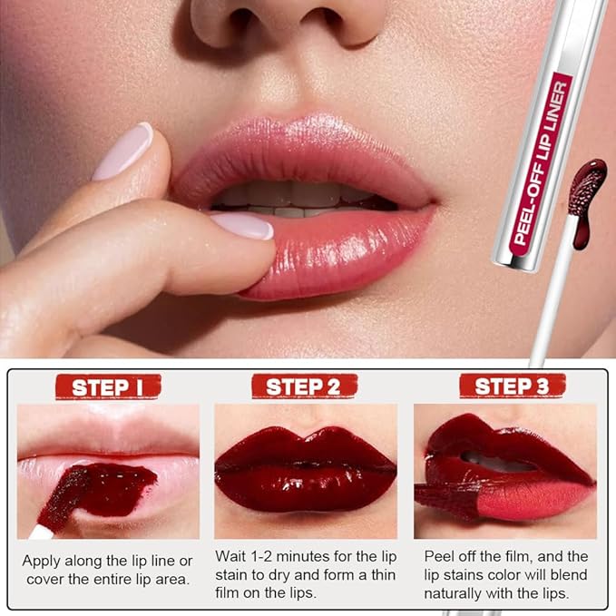 3 Colors Peel Off Lip Liner Stain Kit, Long Wear Matte Lip Tint Stain Set with Tweezer for Women, Waterproof Transfer Proof Highly Pigmented Peel Off Liquid Lipstick for All Skin Types (#1,2,3)