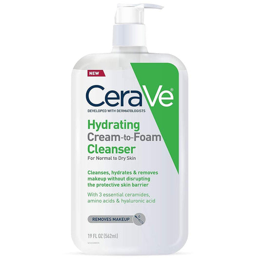 CeraVe Hydrating Cream To Foam Cleanser, Makeup Remover Face Wash For Dry Skin, Foaming Facial Cleanser With Hyaluronic Acid, Normal To Dry Skin, Fragrance Free & Non Comedogenic, 19 Fluid Ounce