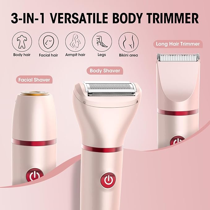 Bikini Trimmer for Women- 3 in 1 Painless Electric Razors for Women,Waterproof Pubic Hair Trimmer and Facial Hair Remover,LCD Display Body Shaver for Trip,Rechargeable Women's Grooming Kit