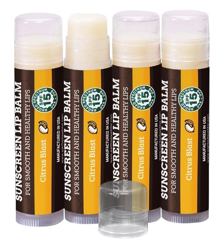 SPF Lip Balm 4-Pack by Earth's Daughter - Lip Sunscreen, SPF 15, Organic Ingredients, Citrus Flavor, Beeswax, Coconut Oil, Vitamin E - Hypoallergenic, Paraben Free, Gluten Free