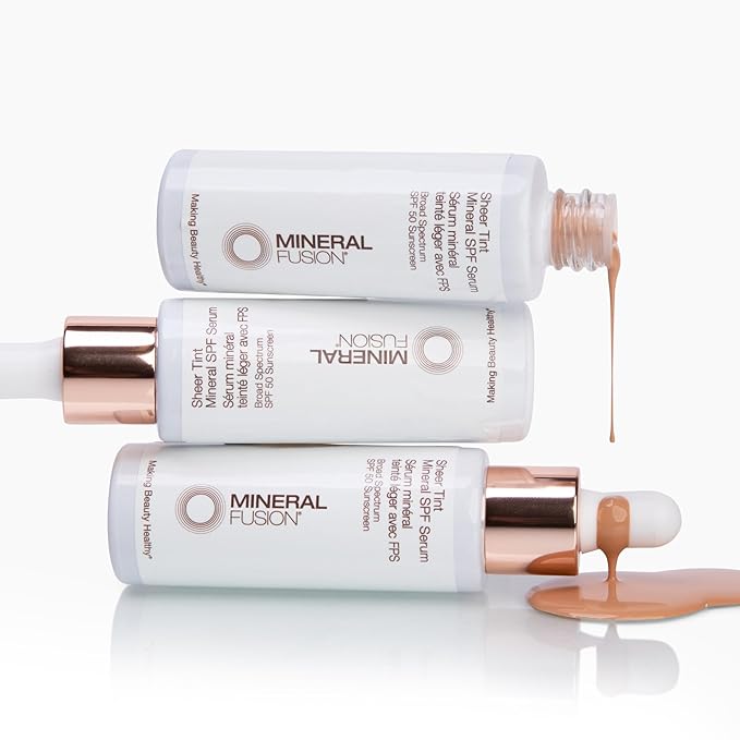 Mineral Fusion Face Serum, Sheer Tint Mineral SPF Serum, 1 Fl Oz, Tan, Tinted Broad Spectrum SPF 50 Mineral Sunscreen, Sheer Coverage, Lightweight & Dewy Finish for Glowing, Protected Skin