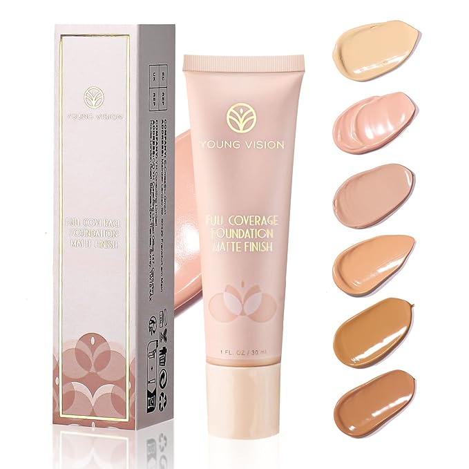 YOUNG VISION Full Coverage Longwear Foundation, Matte Finish, Waterproof, Poreless Liquid Foundation Makeup, Base de Maquillaje Alta Cobertura, 1 fl.oz