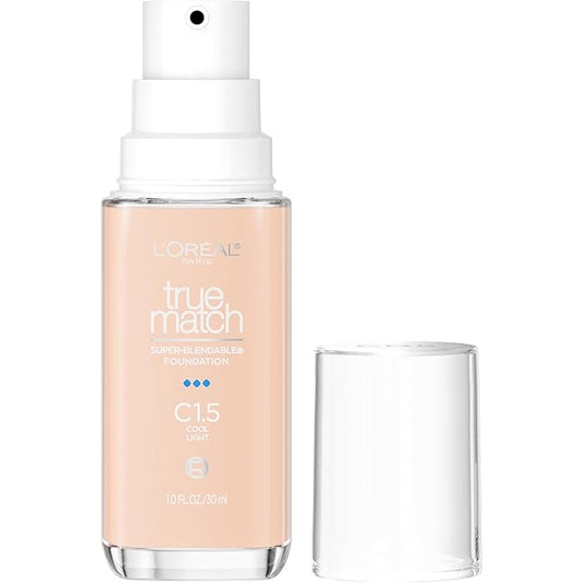 L'Oreal Paris True Match Super-Blendable Foundation, Medium Coverage Liquid Foundation Makeup, C1.5, Light, 1 Fl Oz