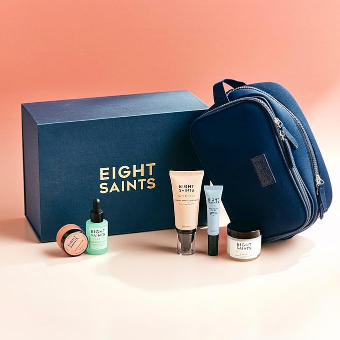 Eight Saints Date Night Skincare Prep Gift Set, All Natural & Organic, Gift Set Includes Eye Gel, Hyaluronic Acid Serm, Mud Face Cleanser, Vitamin C Cream, Lip Mask, and Neoprene Travel Bag, 6 Pc Set