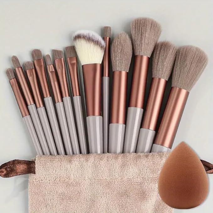Foundation Makeup Brush Set Kit | 13 Pcs Premium Synthetic Kabuki Eye Shadows Make Up Brushes + 1 Sponge + 1 Brush Bag for Travel and Home Use (BROWN)