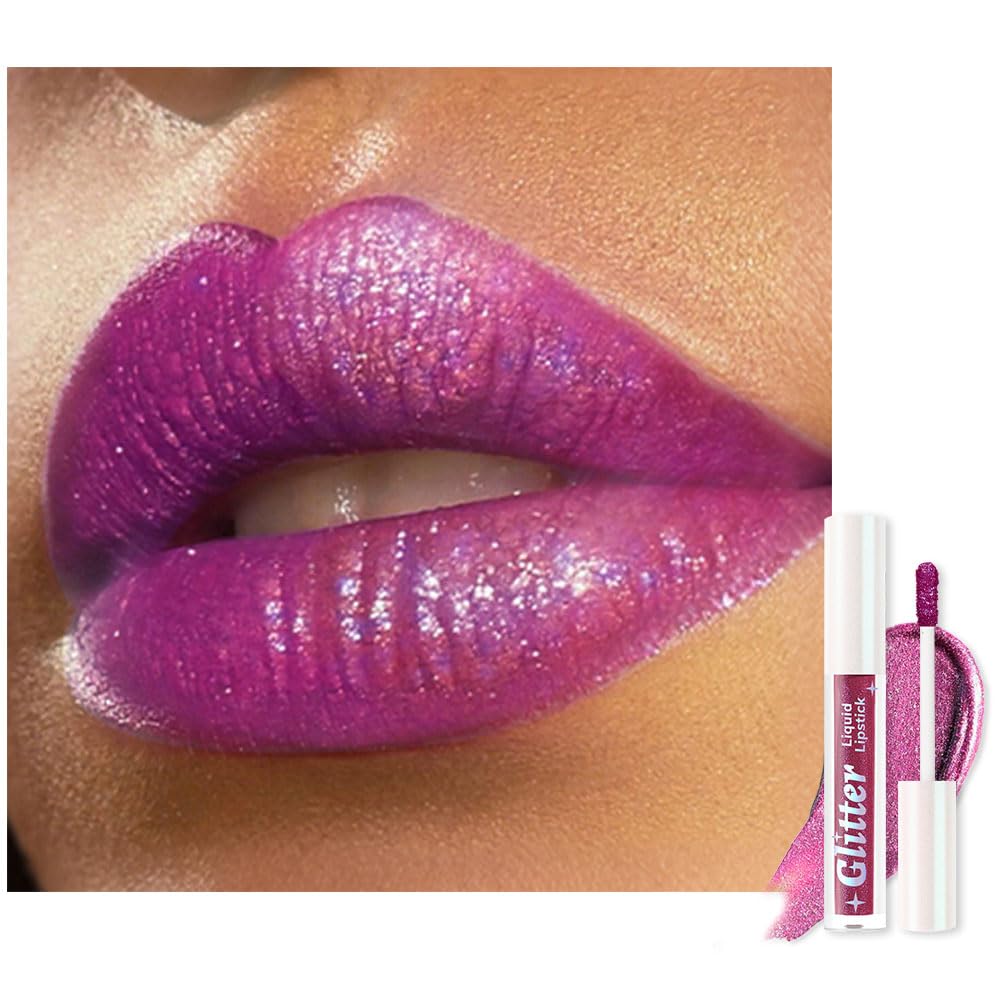 Dark Purple Metallic Lipstick for Women,Lightweight Glitter Sparkling Liquid Lipsticks,Shimmer Lip Gloss Stain Long Lasting Waterproof Smudge Proof Non-Drying 24 Hour Full Coverage Lip Makeup,Vegan
