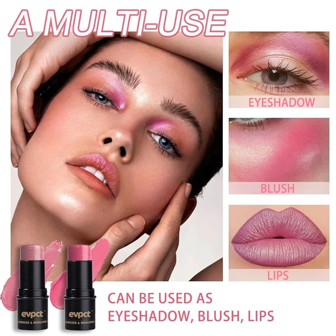 evpct 2Pcs Shimmer Pink Rose Cream Blush Stick for Cheeks Lips Tint Eyes Contour Highlighter Makeup Sticks Lightweight Hydrating formula rubor en crema para los cachetes 01 Dainty & 05 Sweet Heart