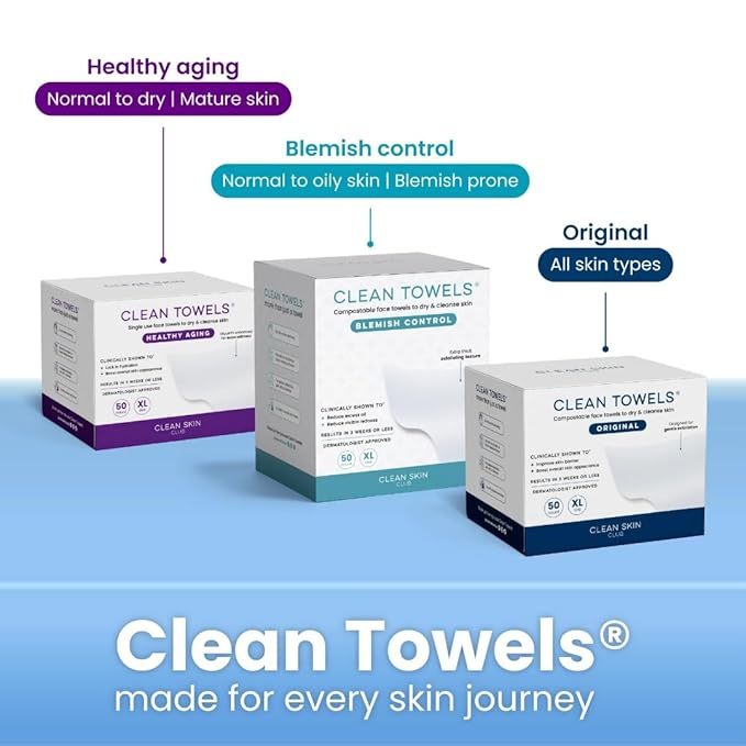Clean Skin Club Clean Towels XL, USDA Certified 100‪%‬ Biobased Dermatologist Approved Disposable Face Towelette, Facial Washcloth, Makeup Remover Dry Wipes, Ultra Soft, 150 count, 3 pack