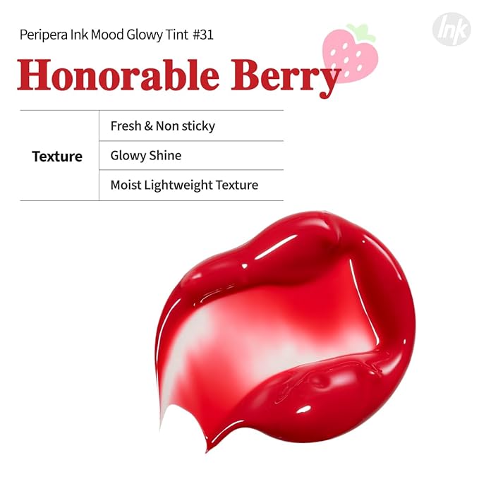 Peripera Ink Mood Glowy Tint (031 HONORABLE BERRY), Long-Lasting Lip Stain, Korean Lip Tint, K Beauty