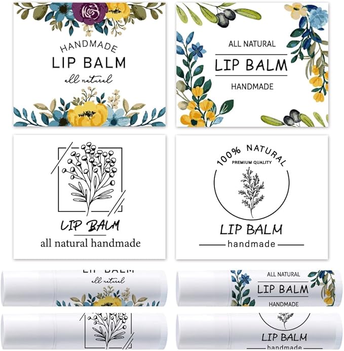 OLYCRAFT 100Pcs 4 Styles Lipstick Tag Stickers Flower Lip Balm Label Sticker 2.1x1.7 inch Self Adhesive Lipstick Labels with Handmade Words for Lip Balm Container Tubes Wrapping Decorations