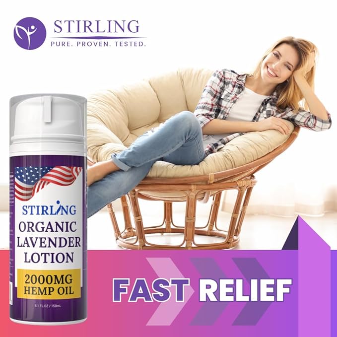 STIRLING Lavender Lotion – Organic Lavender with 2000mg Hemp Oil, Aloe Vera, and Vitamin E – Nourishing and Moisturizing Body Lotion for a Soft and Smooth Feel