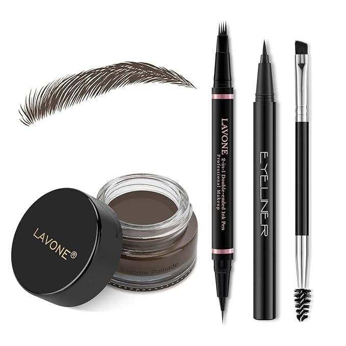 Eyebrow Pencil Makeup Kit, with Waterproof 2-IN-1 Microblading Eyebrow Pen, Eyebrow Pomade, Eyeliner and Dual-ended Eyebrow Brush, Brow Pencil Kit for Natural Eyebrows - Medium Brown