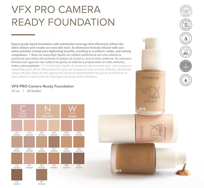 FARMASi Vfx Pro Foundation, Full Coverage Liquid Cream, Lightweight Long Lasting Coverage, Breathable Skin Moisturizer with Color True Matte Blending, Face Makeup, 1 fl. oz / 30 ml - Neutral Medium 12
