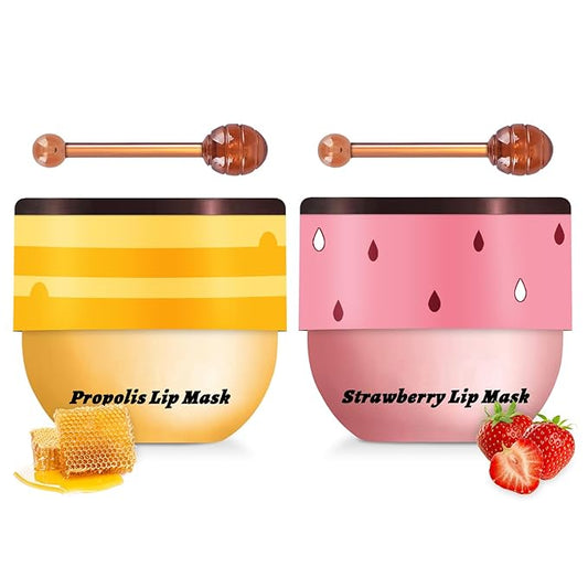 2 PCS Bee Lip Balm Honey Pot, Honey & Strawberry Lip Mask Overnight Propolis Moisturizing Lip Balm Hydrating Prevention Dry and Crack Lip Scrubs Exfoliator Lip Wrinkle Care (Honey&Strawberry)