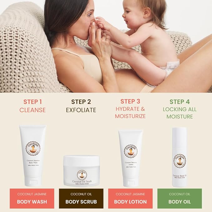 Cocobaba Stretch Mark Relief Set - Belly oil for pregnancy care package | Stretch Mark Cream for Pregnancy | Body wash | Body scrub | First time mom gift | Pregnancy Must have