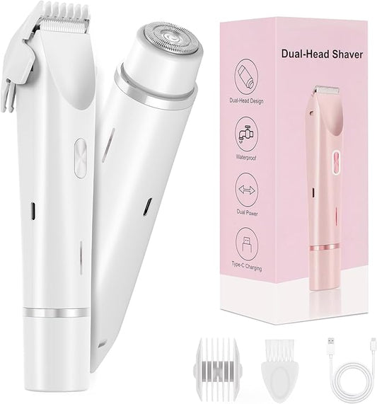 Bikini Trimmer for Women-2 in 1 Electric Razors for Women,USB Rechargeable Bikini Electric Shaver,IPX7 Waterproof Dry & Wet Use Body Hair Trimmer and Facial Hair Remover for Underarm Leg Body,White