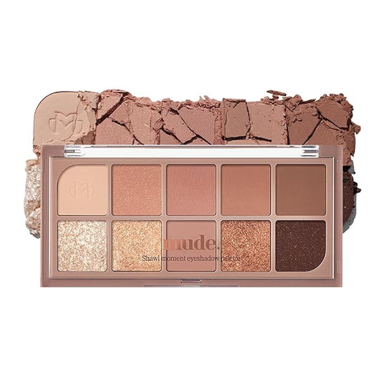 mude Shawl Moment Eyeshadow Palette Matte Shimmering Glitter Layering 10 Shades Highly Pigmented Blendable Color with Soft Texture Korean Makeup Eye Palette K-beauty