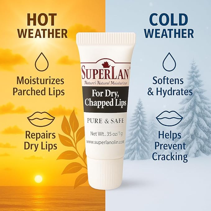 Organic Lanolin Lip Balm For Dry, Cracked, Chapped Lips By Superlan - Natural Lip Moisturizer With Ultra-Pure Medical Grade Lanolin & Jojoba Oil- Kosher Chapstick for Men Women & Children, (3 Pack)