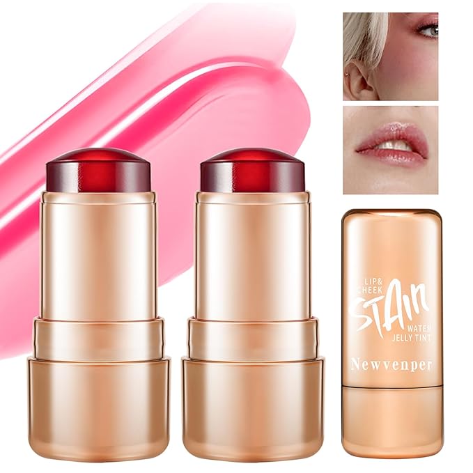2pcs Jelly Blush Stick, Multi-purpose Lip and Cheek Colour Stick, Jelly Texture Waterproof, Moisturising and Long-lasting, Non-sticky, Create Watercolour Makeup Effect for Women and Girls 1#