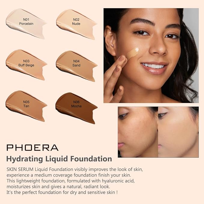 PHOERA Hydrating Serum Foundation,Hypoallergenic Flawless Soft Full Coverage Hydrating Foundation.(N03 Buff Beige)