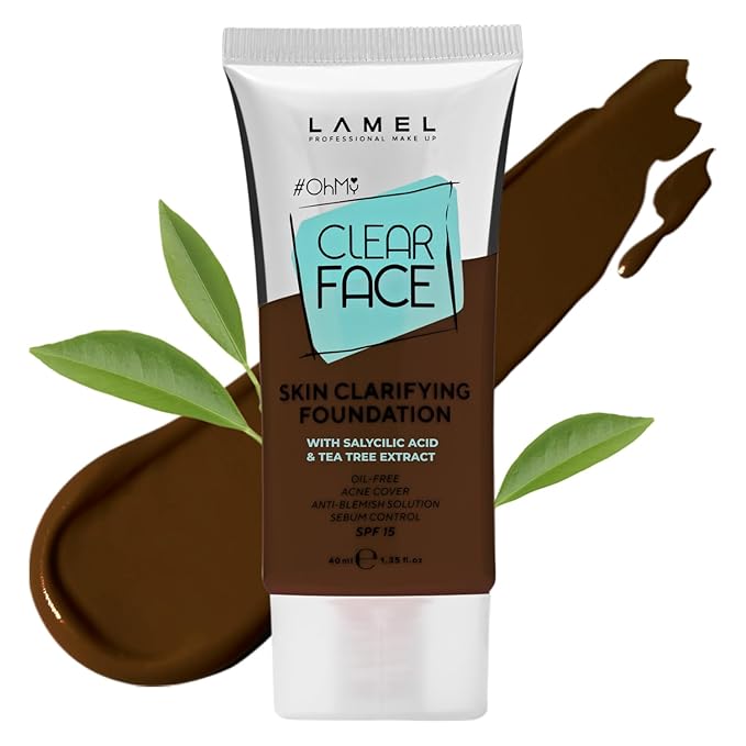 LAMEL OhMy Clear Face Full Coverage Foundation - Acne Coverage - Salicylic Acid & Tea Tree Extract - Dewy & Flawless Finish - Sensitive Skin Care - Organic & Oil-Free - 412, 1.35 fl.oz