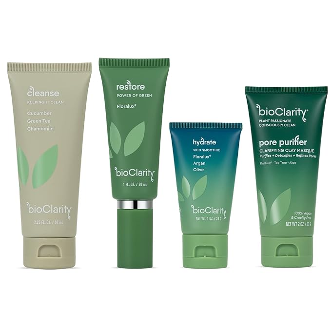 BioClarity 3-Step Essentials Skin Routine + Clarifying Mask for Normal & Oily Skin Types | Cleanse, Restore and Moisturize | Gentle Clean and Hydrate Face |100% Clean, Vegan Ingredients (Mini Size)
