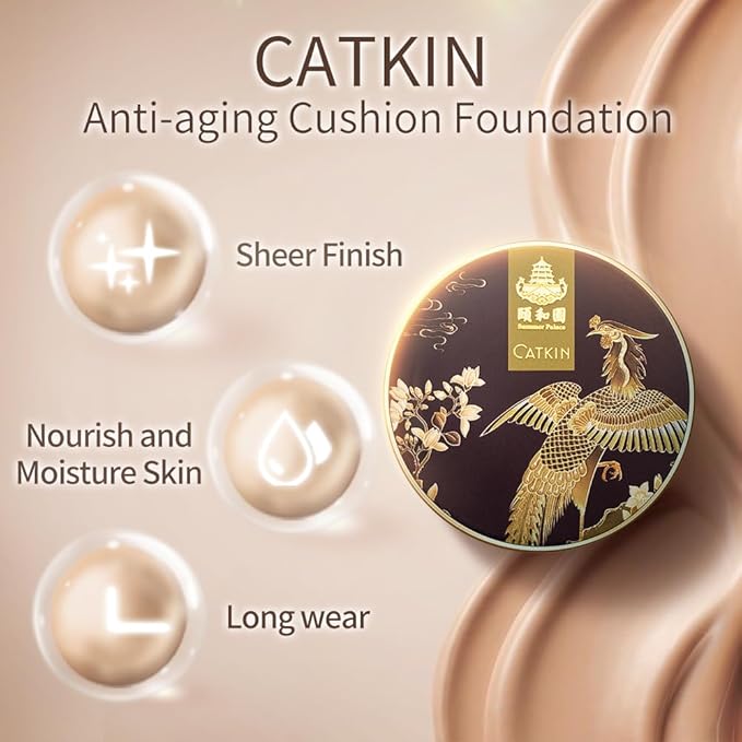 Catkin Phoenix Cushion Foundation Buildable Coverage Anti-Aging Serum Makeup, Sheer Satin Finish, Refill Included, Light Beige 0.46 Oz x 2, C02 IVORY