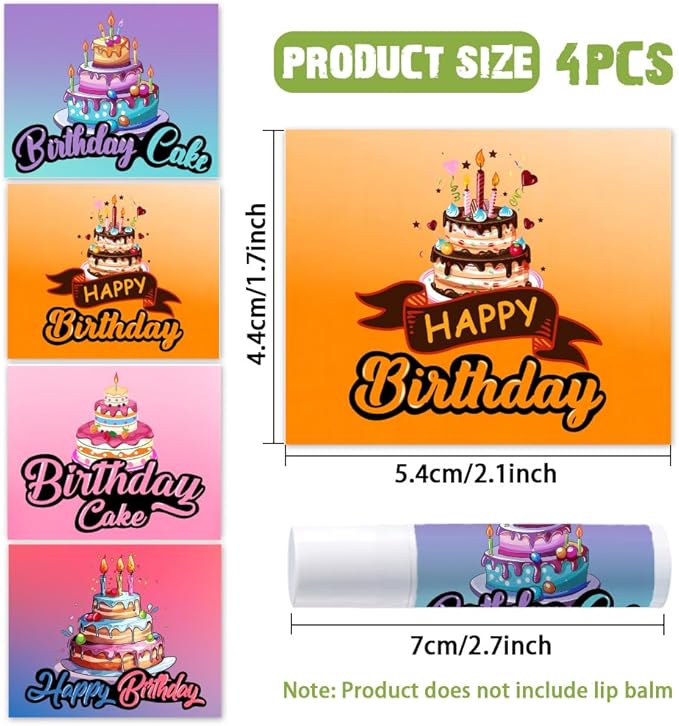 OLYCRAFT 100Pcs 4 Styles Lipstick Tag Stickers Birthday Cake Lip Balm Label Sticker 2.1x1.7 inch Self Adhesive Lipstick Labels with Happy Birthday for Lip Balm Container Tubes Wrapping Decorations