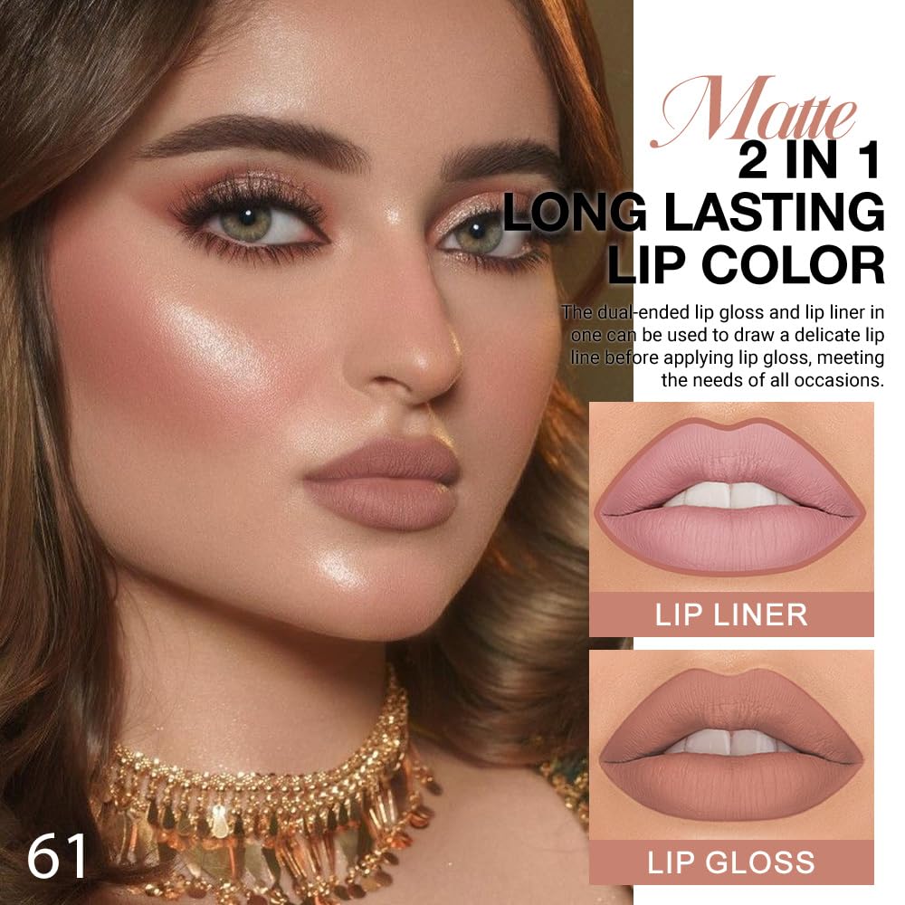 evpct 1Pcs Nuetral Nude Matte Lip Liner & Liquid Lipstick Stain Makeup Set for Women, Nude Lip Liner Stain Long Lasting Waterproof Smudge Proof, Cruelty Free Lip Stick Makeup 24 hours originales, 61