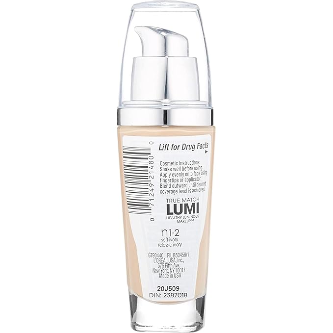 L'Oreal Paris True Match Lumi Healthy Luminous Makeup, N1-2 Soft Ivory Classic Ivory , 1 fl; oz.