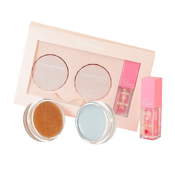 Pudaier 3Pcs Lip Care Kit with Coconut Lip Mask Caramel Lip Scrub Strawberry Lip Oil for Shiny and Nourishing Lips, Dry Lips Treatment, Moisturizing Lip Care For All Day Hydration