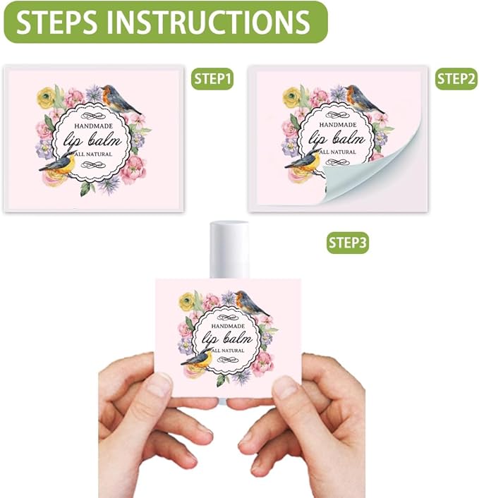 OLYCRAFT 100Pcs Self-Adhesive Lip Balm Tag Stickers 1.7x2.1 inch Waterproof Adhesive Label with Bird Patterns Rectangle Lipstick Tag Sticker for Lip Balm Container Tubes Lipstick Wrapping Decoration