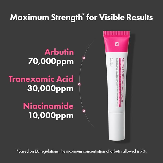Arbutin 7% Intensive Spot Cream with 70,000ppm Arbutin, 3% Tranexamic Acid, 1% Niacinamide, Glutathione, Dark Spots, freckle, Blemishes, Anti-pigmentation, Korean Skin Care, 20ml, 0.67 fl.oz