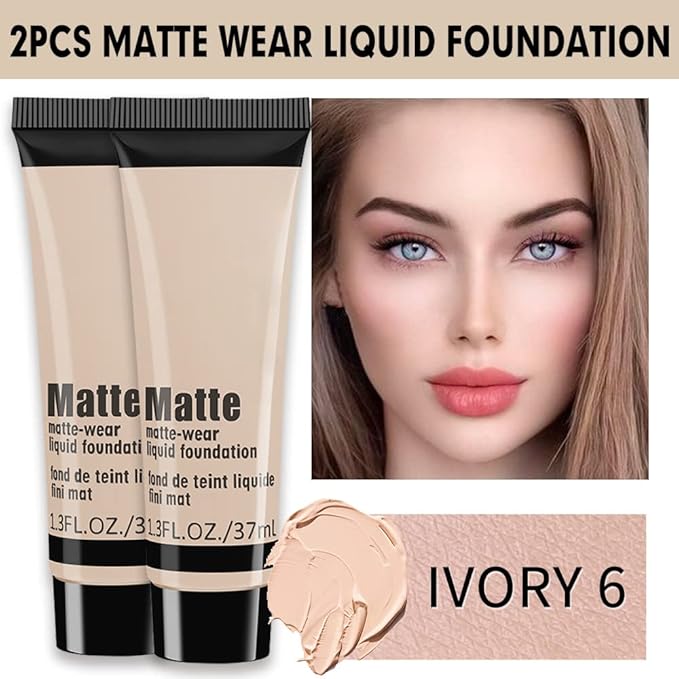 2 Pack Liquid Foundation Cream for Face Makeup,Durable Full Coverage Matte Concealer Make Up,Oil Control & Waterproof Base Primer -1+1 Fl.Oz (IVORY 6#)