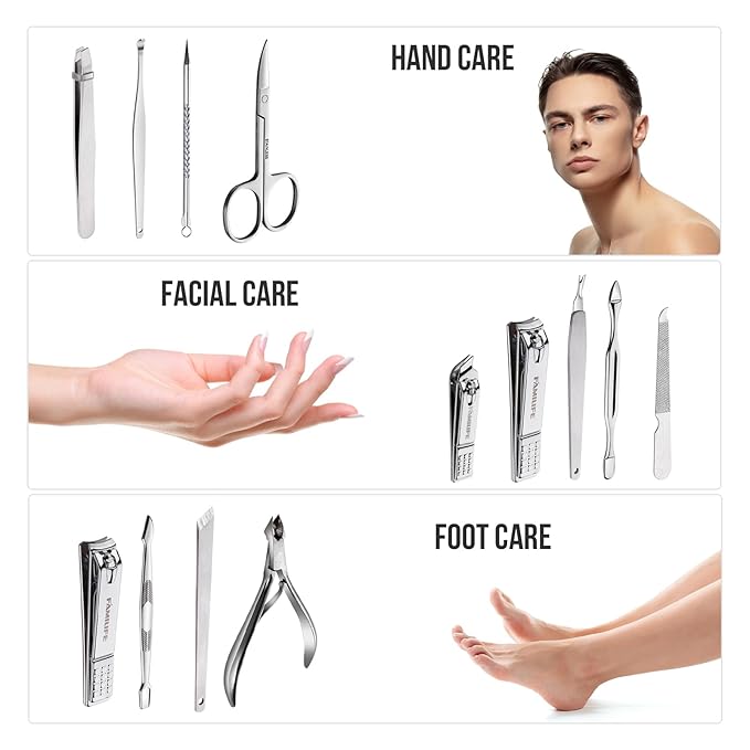 FAMILIFE Manicure Set, Nail Professional Kit Manicure Kits Nail Clipper Sets, 13PCS Stainless Steel Pedicure Sets Mens Grooming Tool, with Brown Leather Travel Case for Men